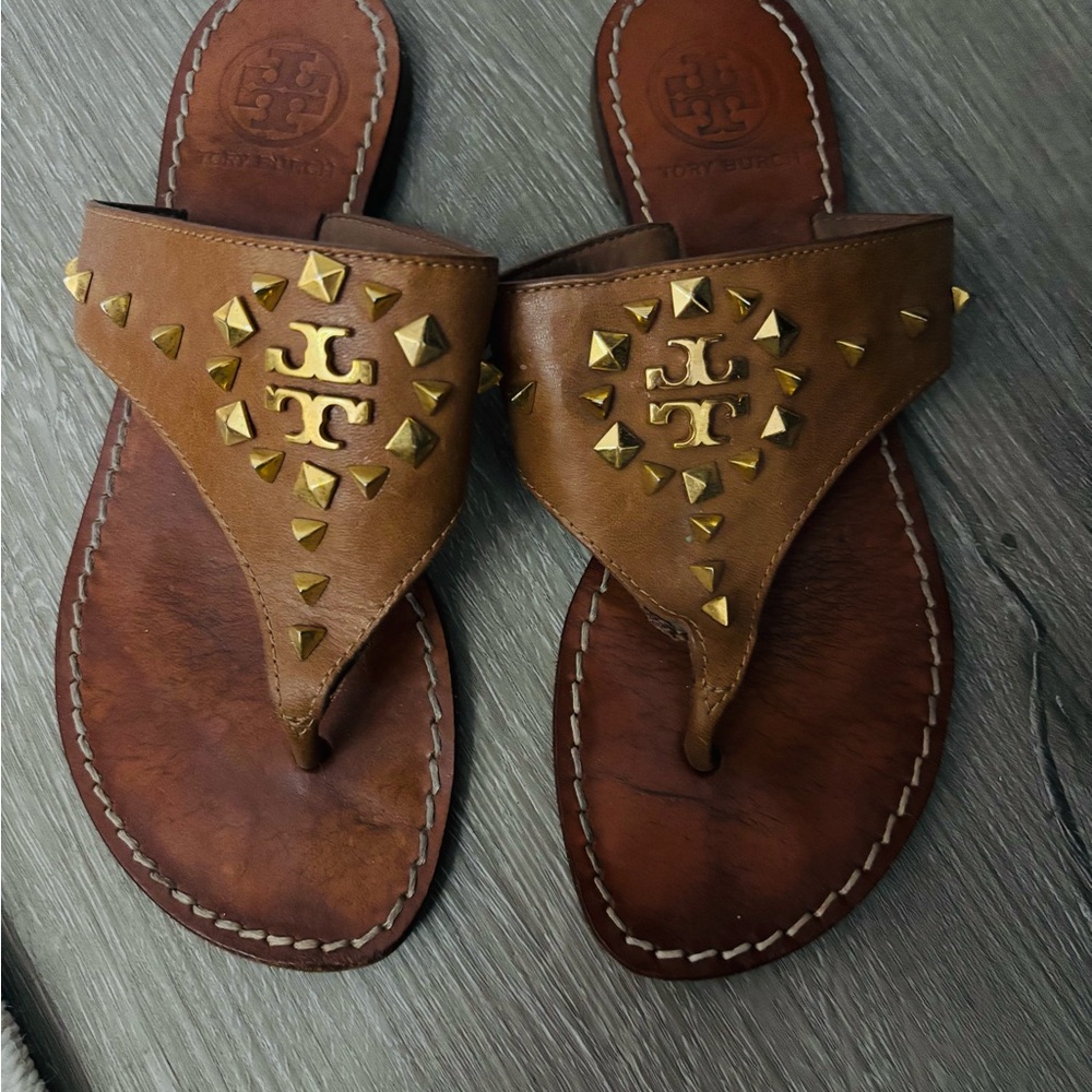 Tory Burch Brown Leather Sandals with Gold Accents